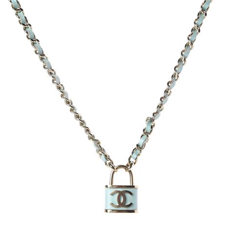 CHANEL Calfskin Metal Padlock Necklace Gold Iridescent Blue 